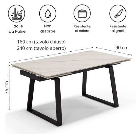 Tavolo con top in grès ceramico effetto marmo e struttura in metallo scheda tecnica