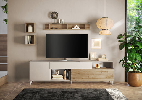 Mobile Porta TV da 240cm con 1 Anta, 1 Cassetto, 1 Ribalta, 2 Vani a giorno Linea Monaco 100% Made in Italy
