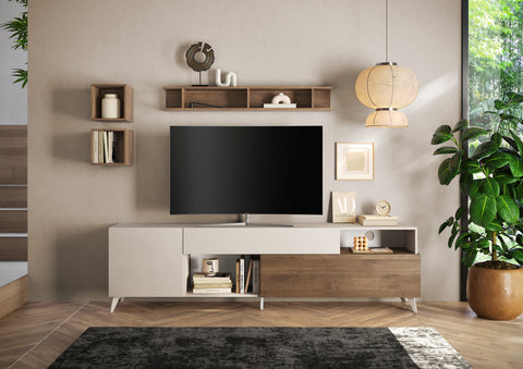 Mobile Porta TV da 240cm con 1 Anta, 1 Cassetto, 1 Ribalta, 2 Vani a giorno Linea Monaco 100% Made in Italy