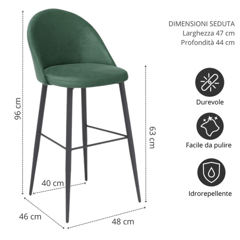 Sgabello imbottito in tessuto effetto velluto con gambe in metallo scheda tecnica