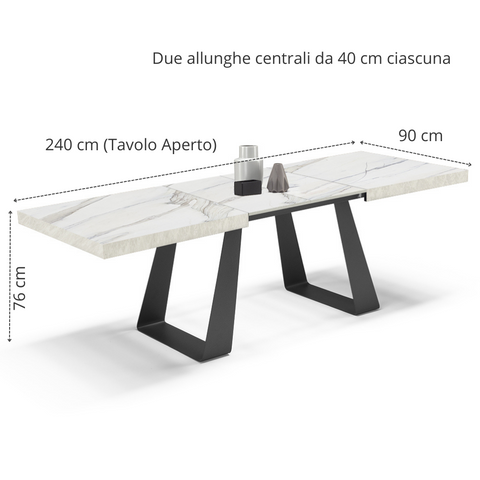 Tavolo con top in legno effetto marmo carrara allungabile e gambe in metallo scheda tecnica