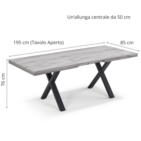 Tavolo con top in legno effetto cemento e gambe in metallo allungabile scheda tecnica