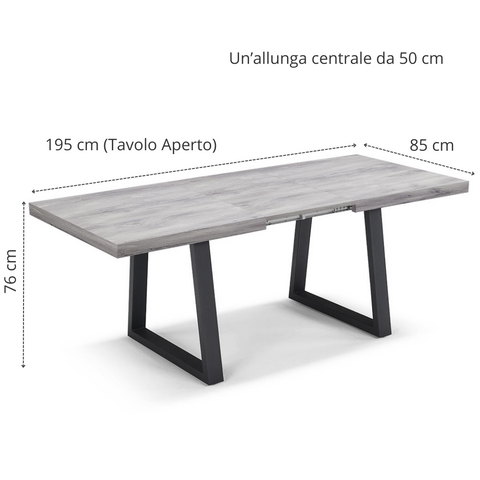 Tavolo con top in legno effetto cemento e gambe in metallo allungabile scheda tecnica