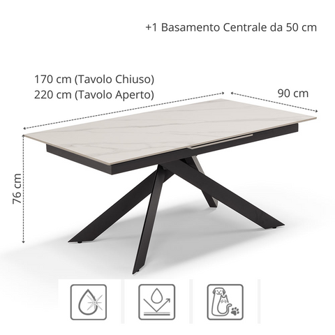 Tavolo con top in grès ceramico effetto marmo e struttura in metallo scheda tecnica