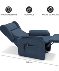 Poltrona relax elettrica reclinabile con roller system e batteria blu denim scheda tecnica