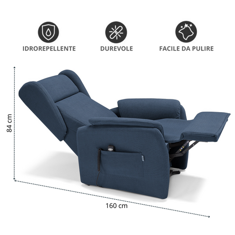 Poltrona relax elettrica reclinabile con roller system e batteria blu denim scheda tecnica