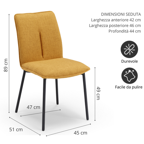 Sedia imbottita in tessuto senape con gambe in metallo scheda tecnica