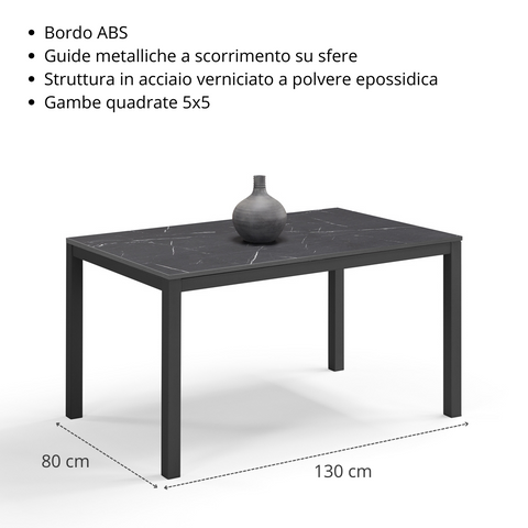 Tavolo per soggiorno con top in legno effetto pietra nera allungabile e struttura in metallo scheda tecnica