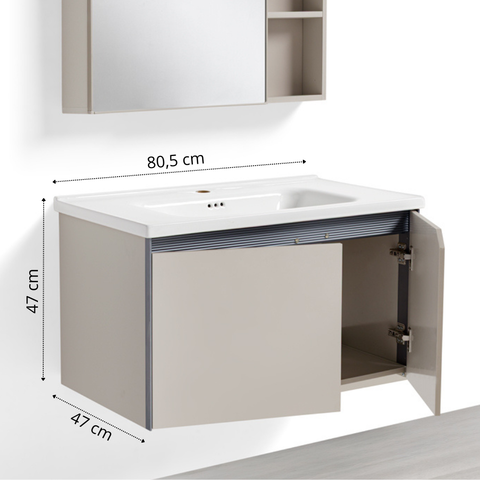 Mobile Bagno Sospeso 80 cm CAMELIA in alluminio, con 2 ante, specchio contenitore a 1 anta e lavabo in ceramica