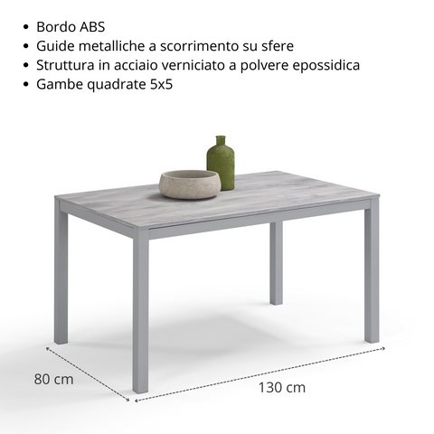 Tavolo per soggiorno con top in legno effetto cemento allungabile e struttura in metallo scheda tecnica