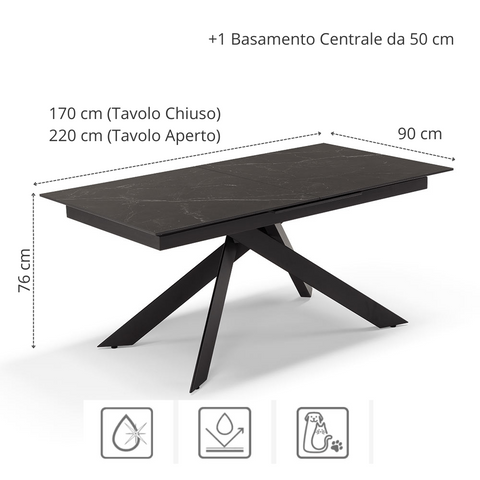 Tavolo con top in grès ceramico effetto pietra nera e struttura in metallo allungabile scheda tecnica