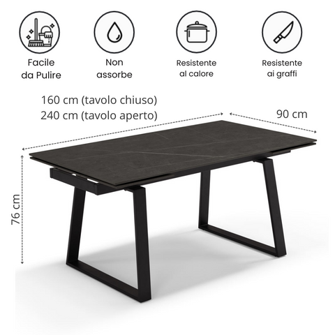 Tavolo con top in grès ceramico effetto pietra nera e struttura in metallo scheda tecnica
