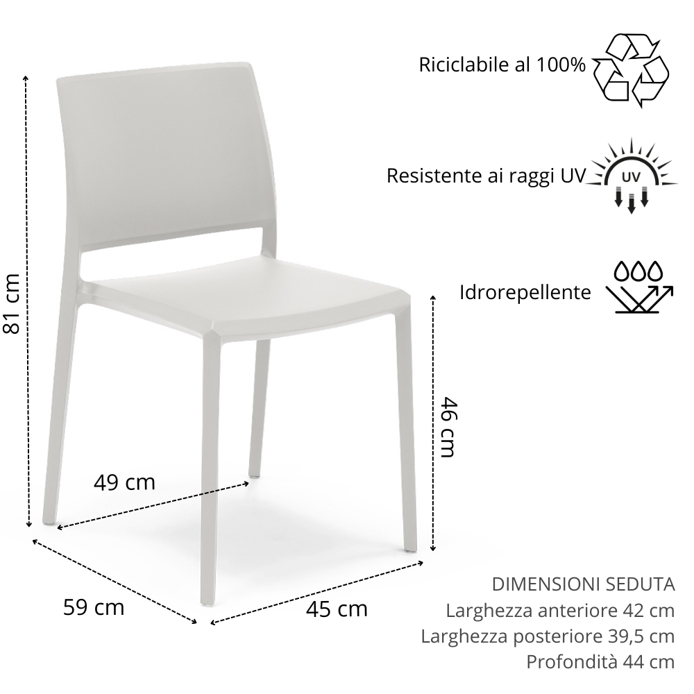 Sedia Megan in polipropilene impilabile scheda tecnica