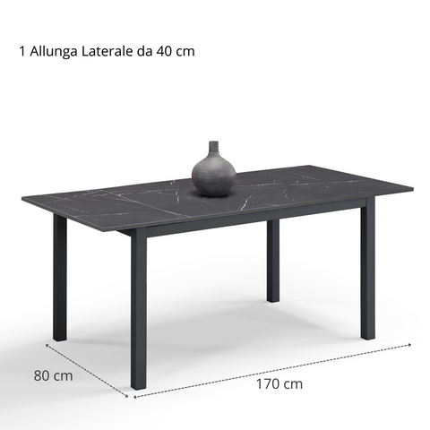 Tavolo per soggiorno con top in legno effetto pietra nera allungabile e struttura in metallo scheda tecnica