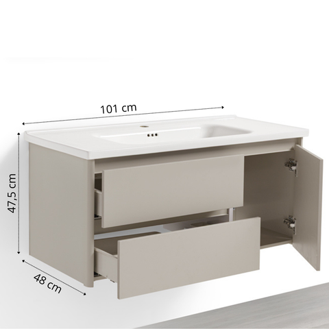 Mobile Bagno Sospeso 100 cm GENZIANA in alluminio, con 2 cassetti e 1 anta, specchio contenitore a 1 anta, lavabo in ceramica