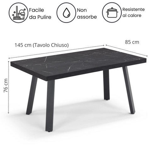 Tavolo con top in legno effetto pietra nera con gambe in metallo allungabile scheda tecnica