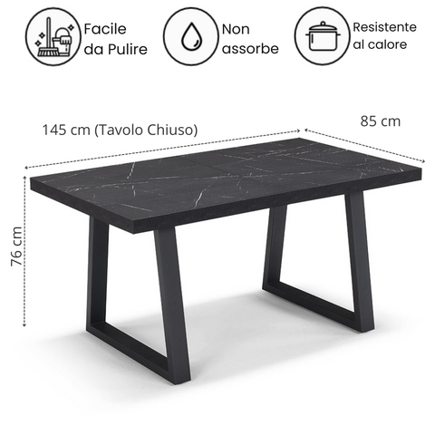 Tavolo con top in legno effetto pietra nera e gambe in metallo scheda tecnica