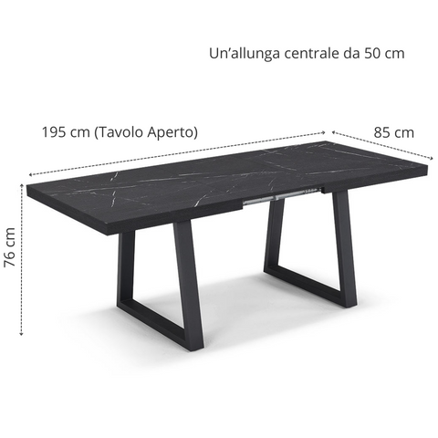 Tavolo con top in legno effetto pietra nera e gambe in metallo allungabile scheda tecnica