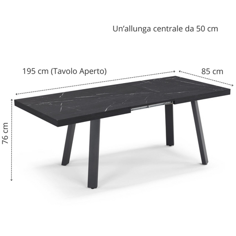 Tavolo con top in legno effetto pietra nera con gambe in metallo allungabile scheda tecnica