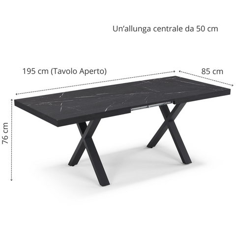 Tavolo con top in legno effetto pietra nera e gambe in metallo allungabile scheda tecnica