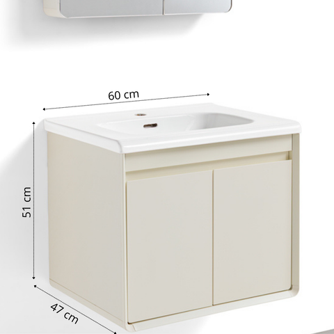 Mobile Bagno Sospeso 60/80/100 cm MIMOSA in alluminio con ante e cassetti, specchiera sospesa, lavabo in ceramica