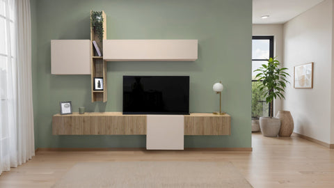 Parete Attrezzata Infinity G2 con 2 Cubi Appesi, 3 Ribalte Vasistas e Mensola Orizzontale/Verticale con Vani a Giorno 100% Made in Italy