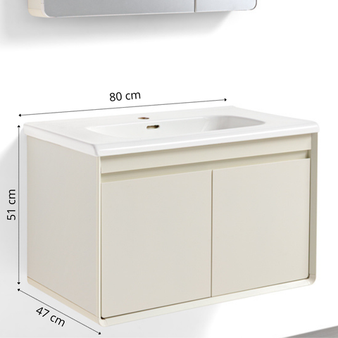 Mobile Bagno Sospeso 60/80/100 cm MIMOSA in alluminio con ante e cassetti, specchiera sospesa, lavabo in ceramica