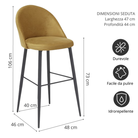 Sgabello imbottito in tessuto effetto velluto con gambe in metallo scheda tecnica