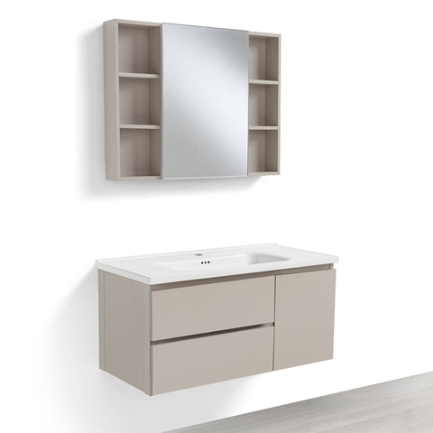 Set Arredo Bagno ALTEA 100 con mobile sospeso in alluminio a 2 cassetti e 1 anta, lavabo in ceramica e specchiera contenitore a 1 anta