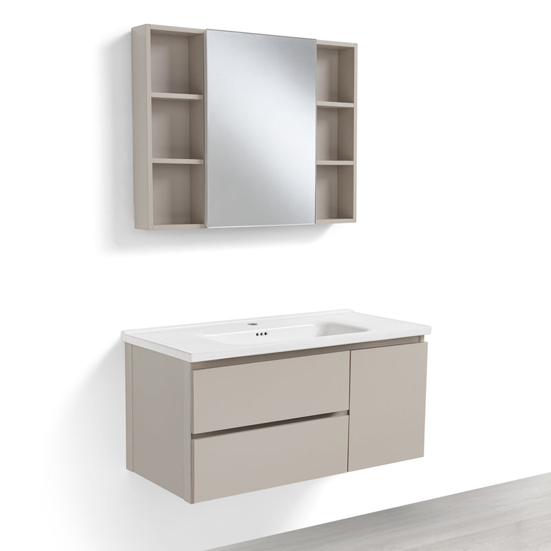 Mobile Bagno Sospeso 100 cm ALTEA in alluminio, con 2 cassetti e 1 anta, specchio contenitore a 1 anta, lavabo in ceramica