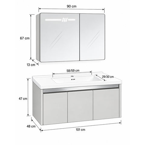 Set Mobile Bagno Sospeso ASTER 100 cm in Alluminio con fascia Bronzata, Lavabo in Ceramica e Specchiera LED con rilevamento persona