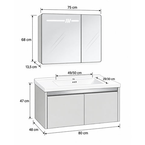 Set Mobile Bagno Sospeso ASTER 80 cm in Alluminio con fascia Bronzata, Lavabo in Ceramica e Specchiera LED con rilevamento persona