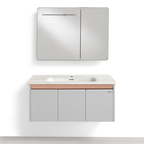 Set Mobile Bagno Sospeso ASTER 100 cm in Alluminio con fascia Bronzata, Lavabo in Ceramica e Specchiera LED con rilevamento persona