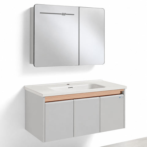 Set Mobile Bagno Sospeso ASTER 100 cm in Alluminio con fascia Bronzata, Lavabo in Ceramica e Specchiera LED con rilevamento persona
