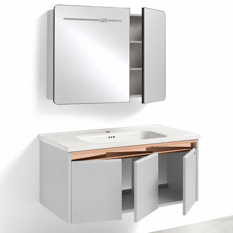 Set Mobile Bagno Sospeso ASTER 100 cm in Alluminio con fascia Bronzata, Lavabo in Ceramica e Specchiera LED con rilevamento persona