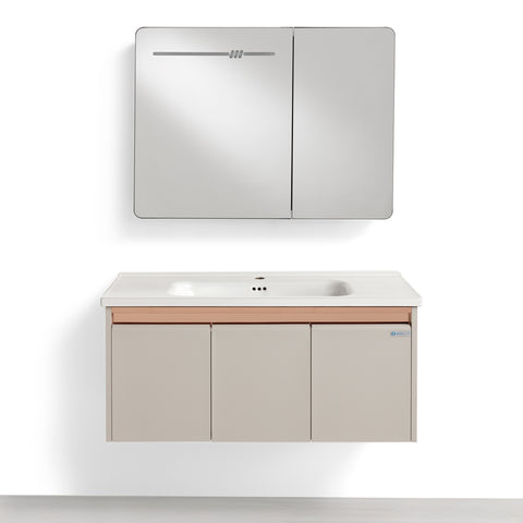 Set Mobile Bagno Sospeso ASTER 100 cm in Alluminio con fascia Bronzata, Lavabo in Ceramica e Specchiera LED con rilevamento persona