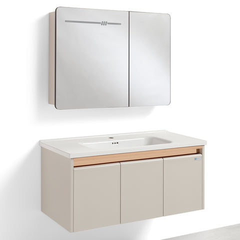 Set Mobile Bagno Sospeso ASTER 100 cm in Alluminio con fascia Bronzata, Lavabo in Ceramica e Specchiera LED con rilevamento persona