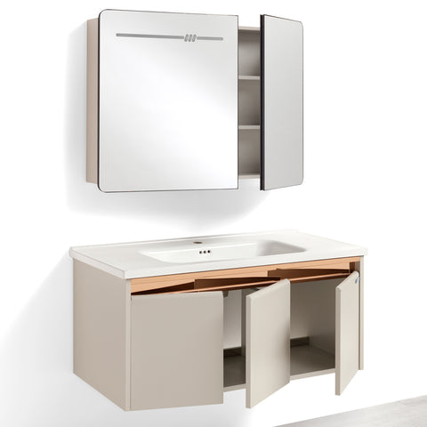 Set Mobile Bagno Sospeso ASTER 100 cm in Alluminio con fascia Bronzata, Lavabo in Ceramica e Specchiera LED con rilevamento persona