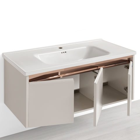 Set Mobile Bagno Sospeso ASTER 100 cm in Alluminio con fascia Bronzata, Lavabo in Ceramica e Specchiera LED con rilevamento persona