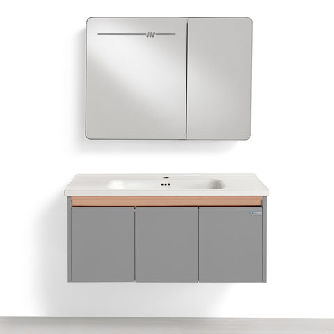Set Mobile Bagno Sospeso ASTER 100 cm in Alluminio con fascia Bronzata, Lavabo in Ceramica e Specchiera LED con rilevamento persona