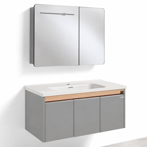 Set Mobile Bagno Sospeso ASTER 100 cm in Alluminio con fascia Bronzata, Lavabo in Ceramica e Specchiera LED con rilevamento persona