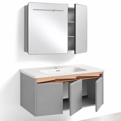 Set Mobile Bagno Sospeso ASTER 100 cm in Alluminio con fascia Bronzata, Lavabo in Ceramica e Specchiera LED con rilevamento persona