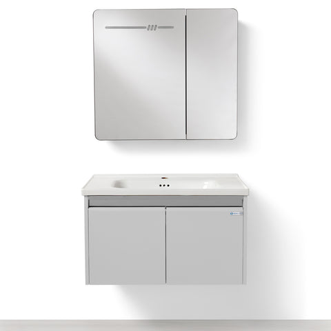 Set Mobile Bagno Sospeso ASTER 80 cm in Alluminio con fascia Bronzata, Lavabo in Ceramica e Specchiera LED con rilevamento persona