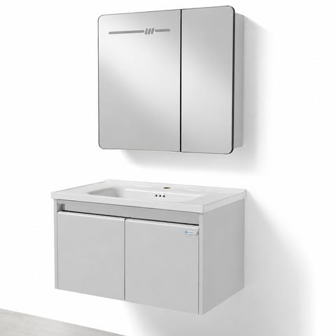 Set Mobile Bagno Sospeso ASTER 80 cm in Alluminio con fascia Bronzata, Lavabo in Ceramica e Specchiera LED con rilevamento persona