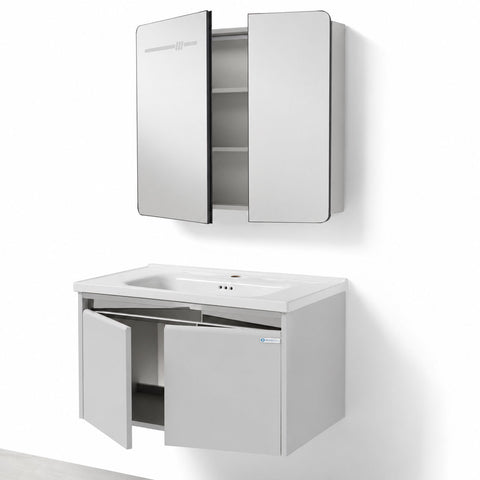 Set Mobile Bagno Sospeso ASTER 80 cm in Alluminio con fascia Bronzata, Lavabo in Ceramica e Specchiera LED con rilevamento persona