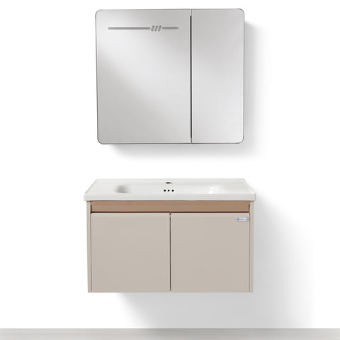 Set Mobile Bagno Sospeso ASTER 80 cm in Alluminio con fascia Bronzata, Lavabo in Ceramica e Specchiera LED con rilevamento persona