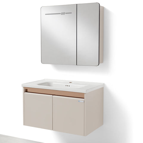 Set Mobile Bagno Sospeso ASTER 80 cm in Alluminio con fascia Bronzata, Lavabo in Ceramica e Specchiera LED con rilevamento persona