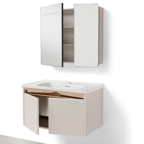 Set Mobile Bagno Sospeso ASTER 80 cm in Alluminio con fascia Bronzata, Lavabo in Ceramica e Specchiera LED con rilevamento persona