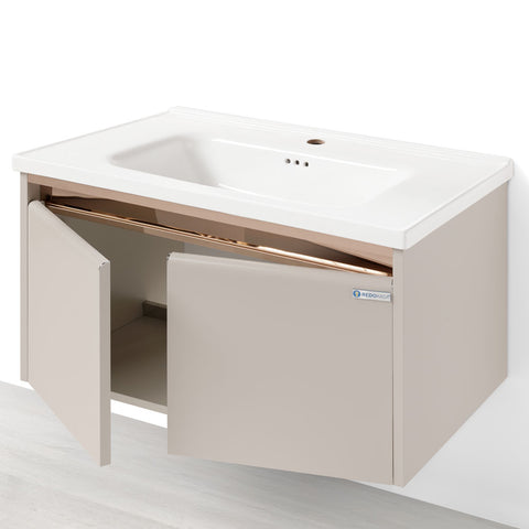 Set Mobile Bagno Sospeso ASTER 80 cm in Alluminio con fascia Bronzata, Lavabo in Ceramica e Specchiera LED con rilevamento persona