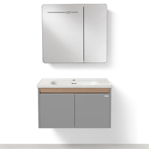 Set Mobile Bagno Sospeso ASTER 80 cm in Alluminio con fascia Bronzata, Lavabo in Ceramica e Specchiera LED con rilevamento persona